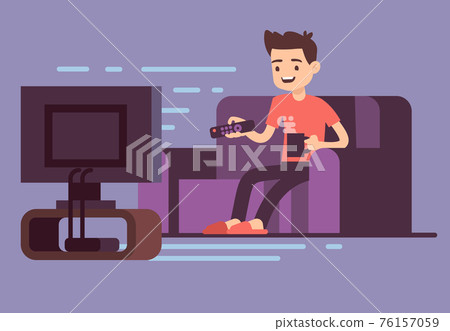 Man watching TV and drinking coffee on sofa in home room interior illustration Man watching TV and drinking coffee on sofa in home room interior illustration 76157059