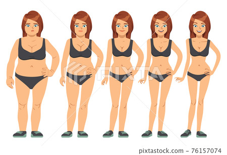 Girl, young woman before and after diet and fitness. Weight loss steps illustration Girl, young woman before and after diet and fitness. Weight loss steps illustration 76157074