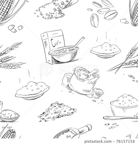 Organic farm grains, cereals, wheat, barley, rye, oats, rice seamless pattern Organic farm grains, cereals, wheat, barley, rye, oats, rice seamless pattern 76157158