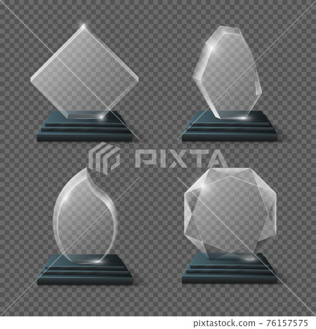Clear glass award certificates, goals team crystal trophies stock 76157575