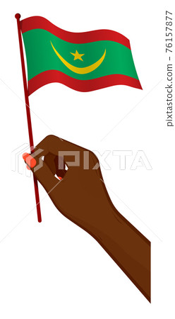 Female hand gently holds small flag of mauritania. Holiday design element. Cartoon vector on white background 76157877