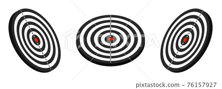 3D sports target with red center. Black and white board target. Equipment for sports competitions. Isometric vector 76157927
