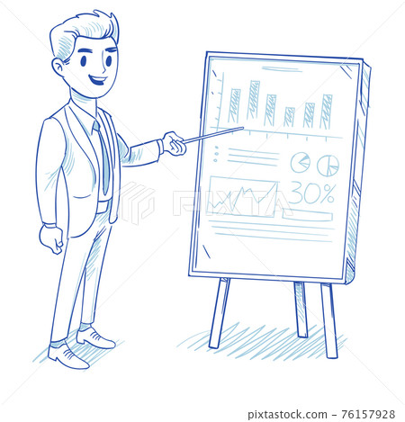 Happy businessman explains product sales chart. successful strategy business concept hand drawn, doodle illustration Happy businessman explains product sales chart. successful strategy business concept hand drawn, doodle illustration 76157928