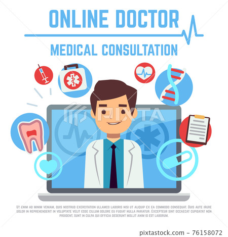 Online doctor, internet computer health service, medical consultation concept Online doctor, internet computer health service, medical consultation concept 76158072