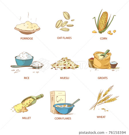 Cartoon ripe ears of cereals, countryside plants set 76158394