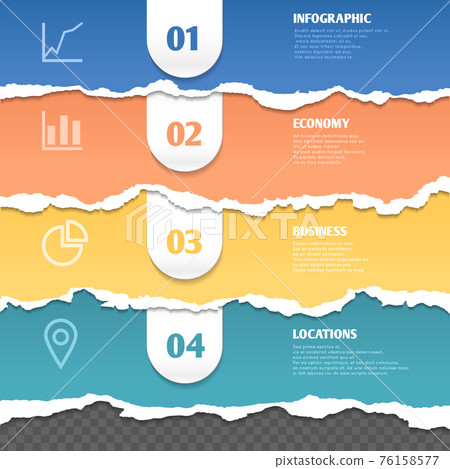 Colored stripes of torn paper, infographic template with text and icons Colored stripes of torn paper, infographic template with text and icons 76158577