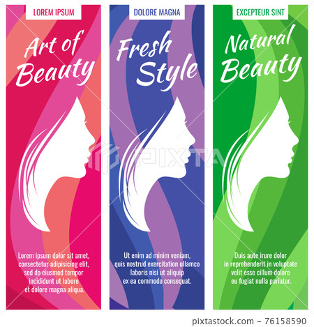 Abstract banners for beauty and cosmetic salon set with beautiful woman profile, female portrait, young girl face 76158590