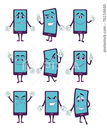 Happy smartphone cartoon character with legs and hands in various poses set Happy smartphone cartoon character with legs and hands in various poses set 76158680