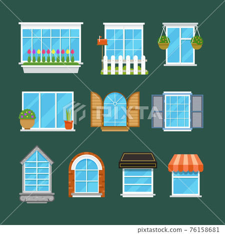 Windows with window sills curtains flowers balconies flat set Windows with window sills curtains flowers balconies flat set 76158681