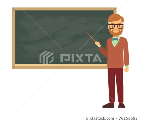 Teacher, professor standing in front of blank school blackboard illustration Teacher, professor standing in front of blank school blackboard illustration 76158682