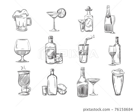 Doodle sketch cocktails and alcohol drinks in glass. hand drawn stock 76158684