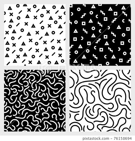 Monochrome seamless patterns set with abstract geometric shapes and strokes repetitive backgrounds Monochrome seamless patterns set with abstract geometric shapes and strokes repetitive backgrounds 76158694