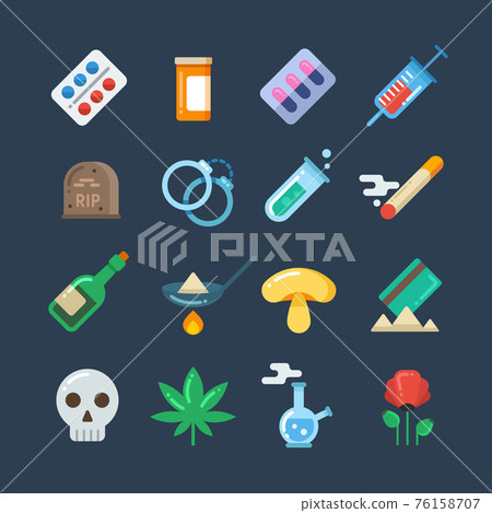 Illegal drug tablets, alcohol addiction, methamphetamine abuse flat icons Illegal drug tablets, alcohol addiction, methamphetamine abuse flat icons 76158707