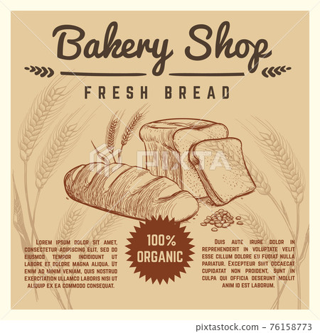 Bakery shop retro poster with hand drawn ears of wheat Bakery shop retro poster with hand drawn ears of wheat 76158773
