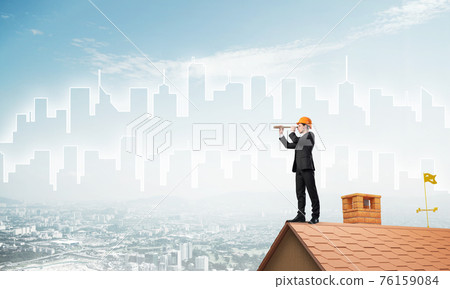 Engineer man standing on roof and looking in spyglass. Mixed media 76159084