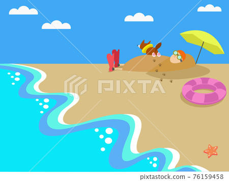 People and dogs spending the summer beach 76159458