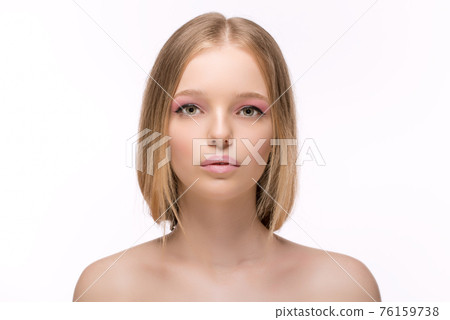 Fashion Stylish Beauty Portrait with White Short Hair. Beautiful Girl's Face Close-up. Haircut. Hairstyle. Fringe. Professional Makeup. Make-up. Vogue Style Woman. Isolated on a White Background 76159738