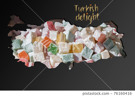 Roughly outlined map of Turkey with Turkish delight filling Roughly outlined map of Turkey with Turkish delight filling 76160416