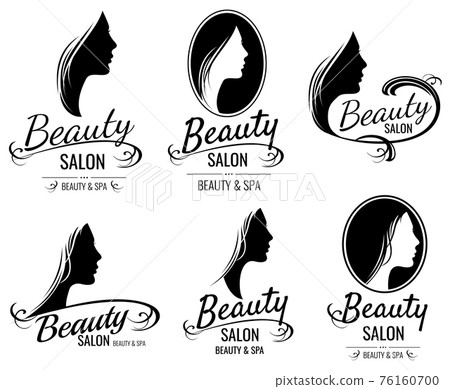 Beautiful female face portrait, woman head silhouette logo templates for barber shop, beauty salon, cosmetic products, spa center 76160700