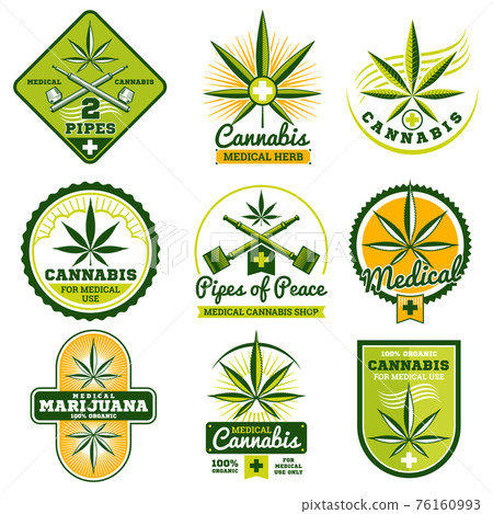 Marijuana, hashish, drug medicine logos and labels set Marijuana, hashish, drug medicine logos and labels set 76160993