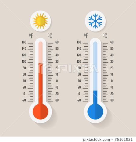Celsius and fahrenheit meteorology thermometers measuring heat or cold, illustration Celsius and fahrenheit meteorology thermometers measuring heat or cold, illustration 76161021