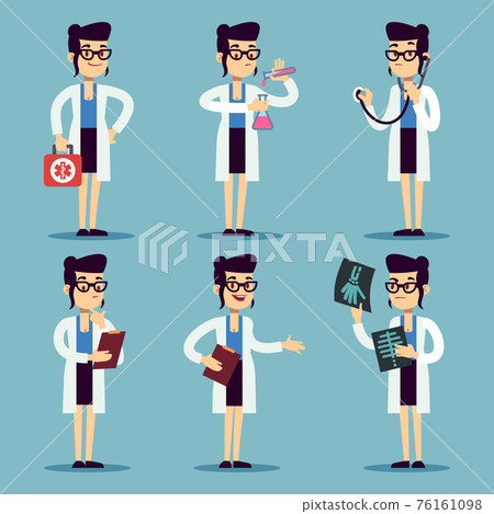 Young doctor female, woman nurse smiling characters in various actions set Young doctor female, woman nurse smiling characters in various actions set 76161098