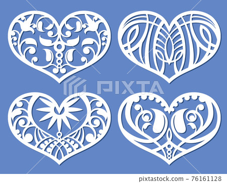 Lacy hearts, laser cutting fretwork shapes, plotter cutout love symbols 76161128