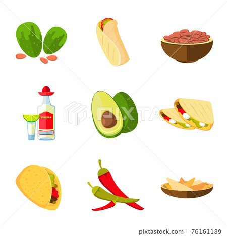 Mexican taco, burrito and nachos food, avocado, tequila, red hot pepper cartoon icons Mexican taco, burrito and nachos food, avocado, tequila, red hot pepper cartoon icons 76161189