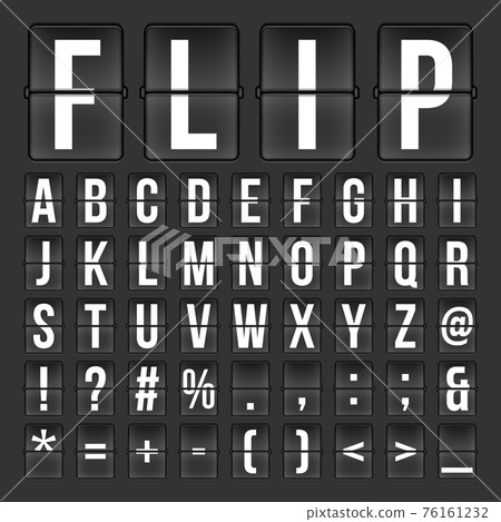Flip countdown digital calendar clock numbers and letters. alphabet, font, airport board arrival symbols 76161232