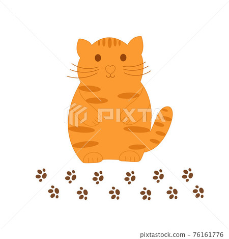 Little cute funny red striped cat with footprint of its paws, simple flat style vector illustration, domestic pet cozy home interior concept 76161776