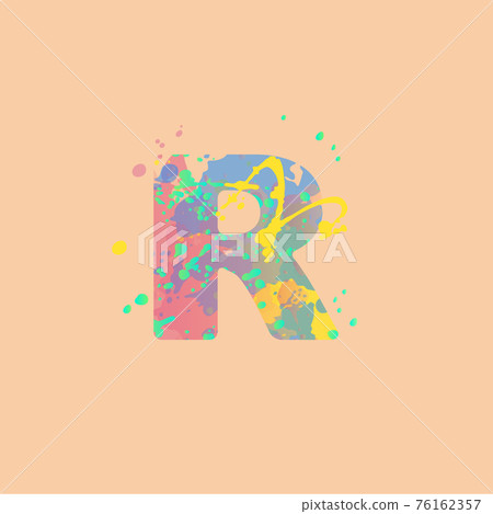 Letter R with multicolored mixed spots of pink, yellow, blue, turquoise paint on peach background. Design for banners, flyers, tags, decorations, poster or invitation. 76162357