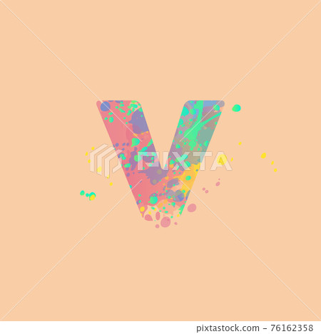 Letter V with multicolored mixed spots of pink, yellow, blue, turquoise paint on peach background. Design for banners, flyers, tags, decorations, poster or invitation. 76162358