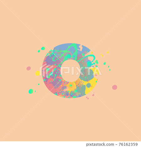 Letter O with multicolored mixed spots of pink, yellow, blue, turquoise paint on peach background. Design for banners, flyers, tags, decorations, poster or invitation. 76162359