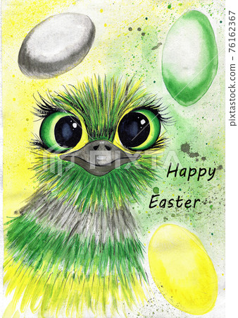 Easter card with a picture of an ostrich and Easter eggs Easter card with a picture of an ostrich and Easter eggs 76162367