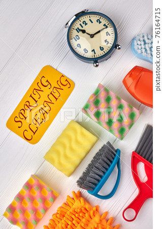 House cleaning supplies, top view. House cleaning supplies, top view. 76164715