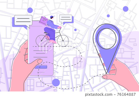 human hands using smartphone courier on bicycle delivering food or parcel online delivery service concept 76164887