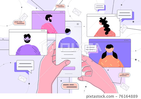 human hands using smartphone discussing with colleagues during video call virtual conference online communication 76164889