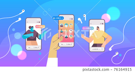 people communicating by voice messages in mobile app audio chat application social media communication people communicating by voice messages in mobile app audio chat application social media communication 76164915