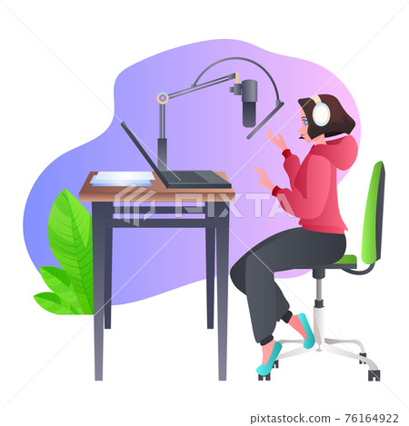 woman podcaster talking to microphone recording podcast in studio podcasting online radio concept woman podcaster talking to microphone recording podcast in studio podcasting online radio concept 76164922
