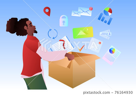 african american man holding cardboard box with online computer applications social media network concept african american man holding cardboard box with online computer applications social media network concept 76164930