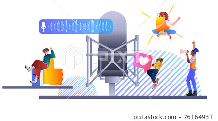 mix race people communicating by voice messages audio chat application social media online communication 76164931