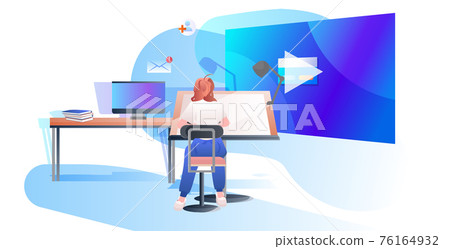 woman sitting at workplace social media network online communication concept woman sitting at workplace social media network online communication concept 76164932