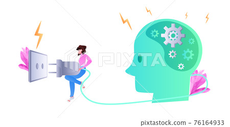 woman putting power plug into socket human head with gear wheels productivity effectiveness source of brain energy woman putting power plug into socket human head with gear wheels productivity effectiveness source of brain energy 76164933