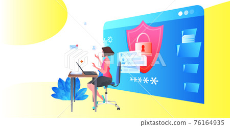 businesswoman working on laptop computer app protection shield data privacy security concept businesswoman working on laptop computer app protection shield data privacy security concept 76164935