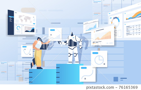 robot with businesswoman analyzing statistics graphs financial data analyzing artificial intelligence technology robot with businesswoman analyzing statistics graphs financial data analyzing artificial intelligence technology 76165369