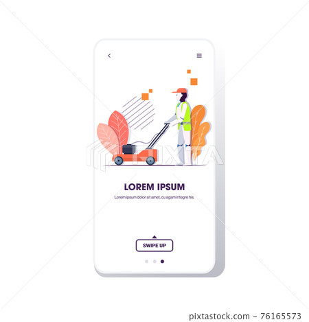 modern robot cutting grass with lawn mower robotic gardener artificial intelligence technology gardening concept smartphone screen mobile app copy space full length 76165573