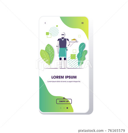 modern robot waiter serving salad at restaurant artificial intelligence technology concept smartphone screen mobile app full length copy space modern robot waiter serving salad at restaurant artificial intelligence technology concept smartphone screen mobile app full length copy space 76165579