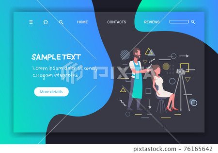 hairdresser blogger making hairstyle cutting hair tips of woman customer in beauty salon man recording online video with camera on tripod blogging concept full length horizontal copy space 76165642