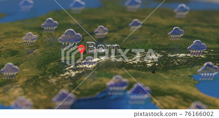 Bern city and rainy weather icon on the map, weather forecast related 3D rendering Bern city and rainy weather icon on the map, weather forecast related 3D rendering 76166002