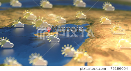 Nicosia city and partly cloudy weather icon on the map, weather forecast related 3D rendering Nicosia city and partly cloudy weather icon on the map, weather forecast related 3D rendering 76166004
